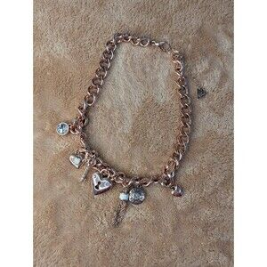 Guess Chunky Rose Gold Signed Crystal Key Tassel Heart Padlock Charm Necklace